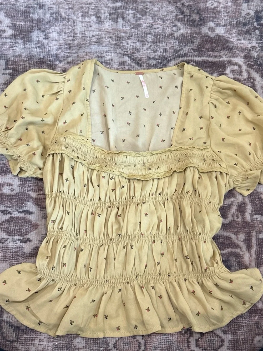 Free People Pale Yellow Smocked Floral Peasant Blouse